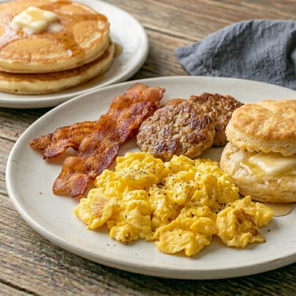 A breakfast plate with scrambled eggs, bacon, sausage patties, and a biscuit, with pancakes in the background.