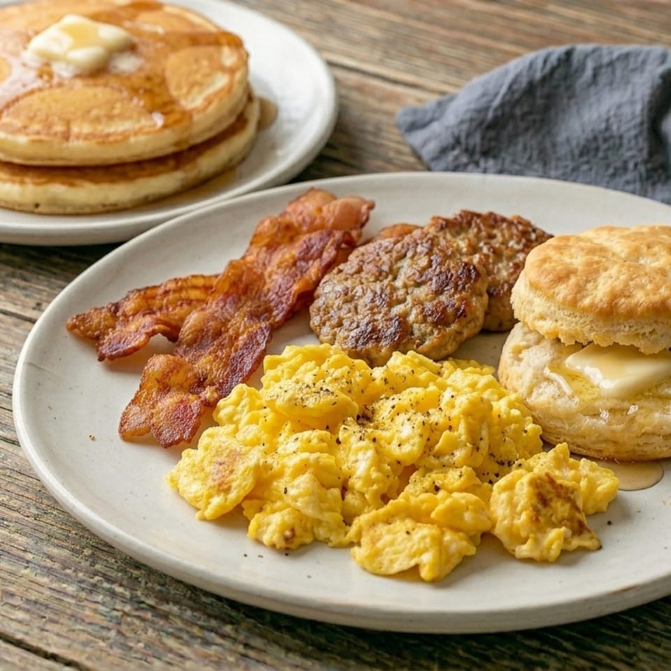 A breakfast plate with scrambled eggs, bacon, sausage patties, and a biscuit, with pancakes in the background.